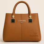 Luxury Caramel Brown Chanel-Inspired Tote Bag with Gold Hardware and Embossed Logo - Razia Hijab