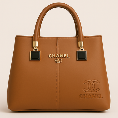 Luxury Caramel Brown Chanel-Inspired Tote Bag with Gold Hardware and Embossed Logo
