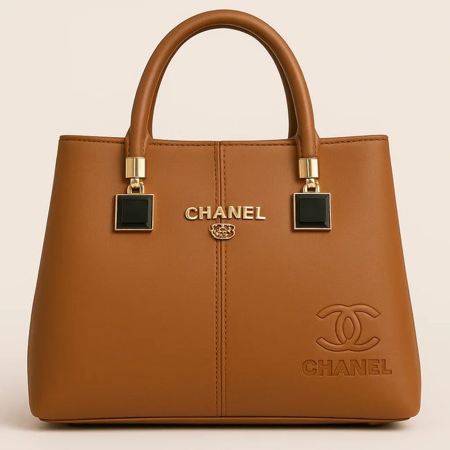 Luxury Caramel Brown Chanel-Inspired Tote Bag with Gold Hardware and Embossed Logo Main Image