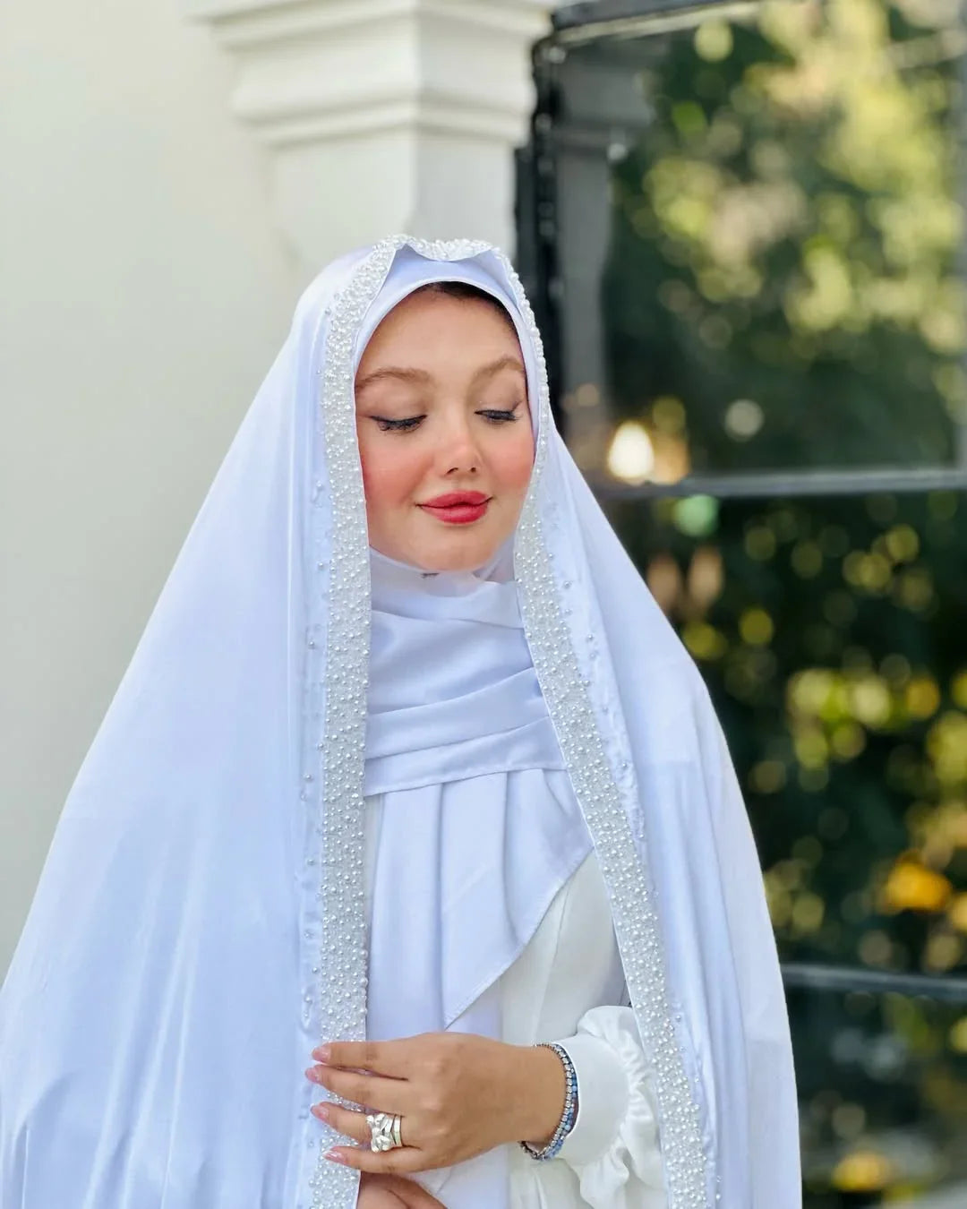 white hijab dress Veiled 3D Floral Wedding Dress, Long Sleeve High Neck Modest Bridal 44 / or any setting where understated elegance is desired White Hijab Evening Dress 5516-01