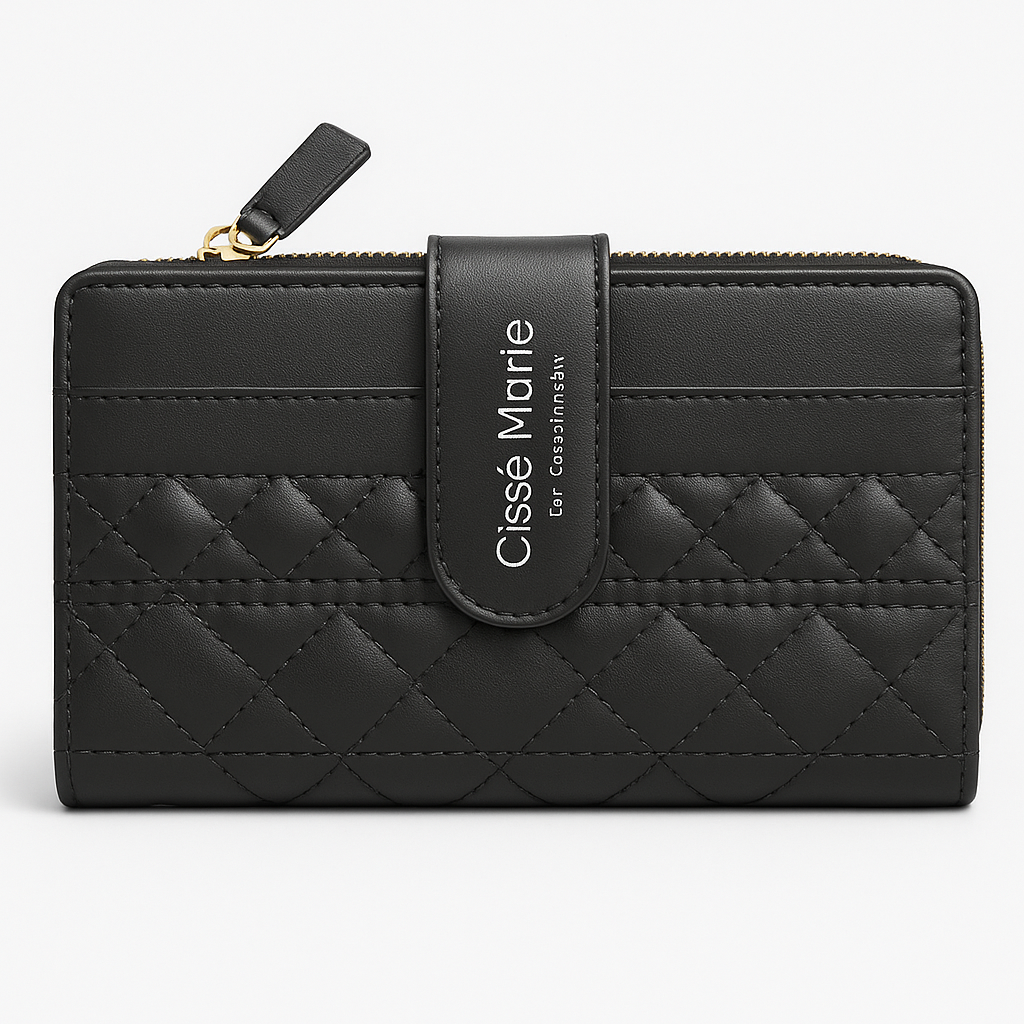 Cissé Marie Black Quilted Leather Wallet – Elegant Zippered Clutch with Strap Closure