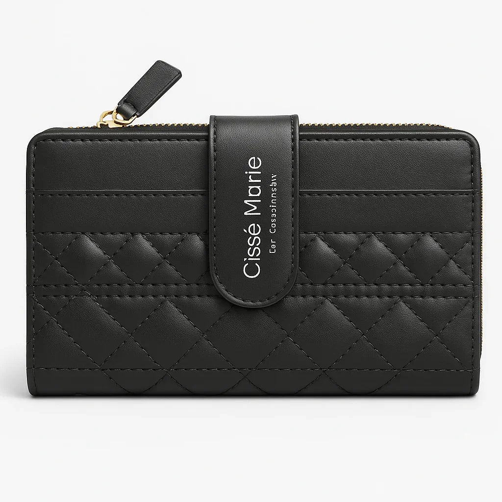 Cissé Marie Black Quilted Leather Wallet – Elegant Zippered Clutch with Strap Closure - Razia Hijab