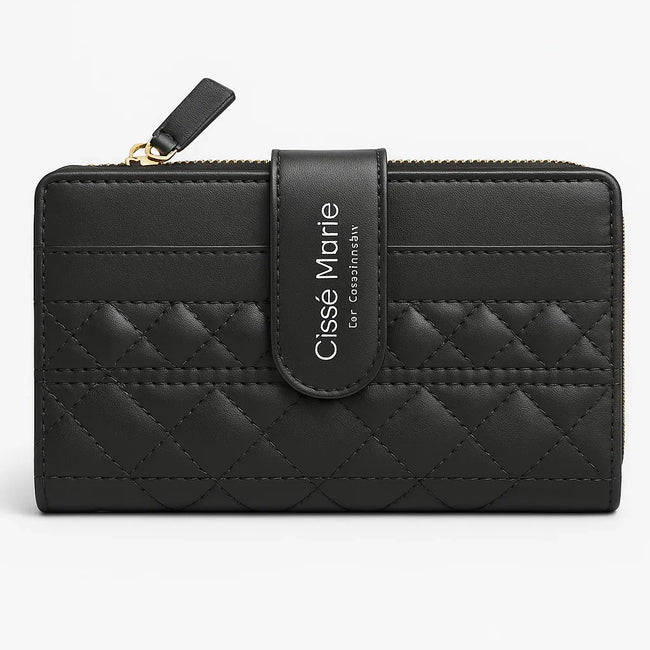 Cissé Marie Black Quilted Leather Wallet – Elegant Zippered Clutch with Strap Closure - Razia Hijab Hover Image