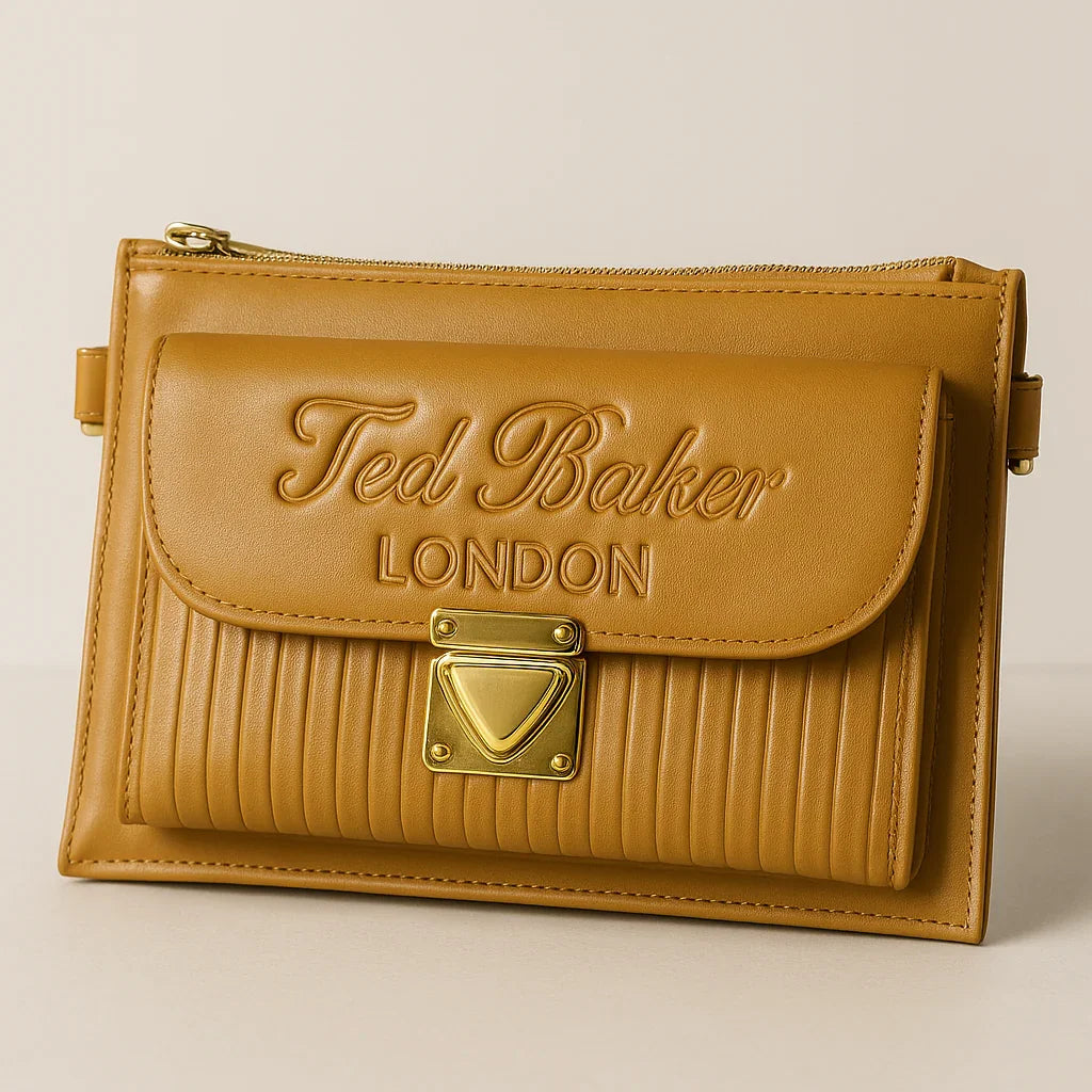 Ted Baker London Mustard Textured Leather Crossbody Handbag – Gold Accent Flap Lock - Razia Hijab