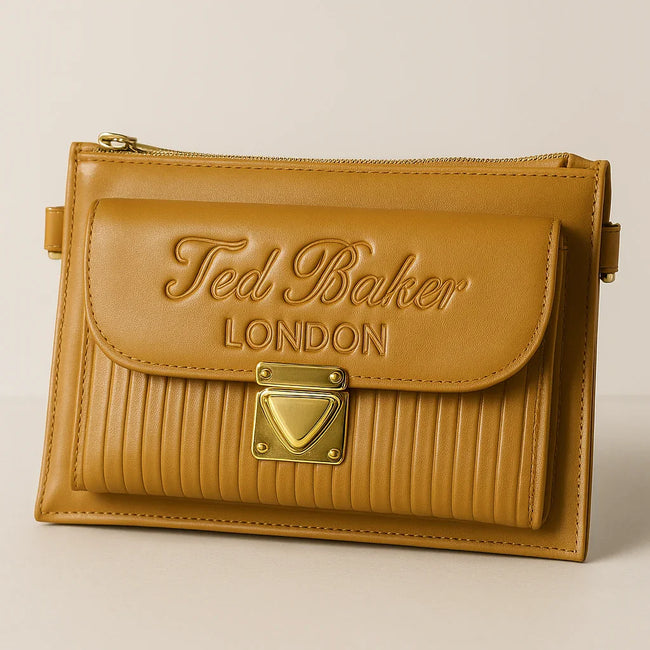 Ted Baker London Mustard Textured Leather Crossbody Handbag – Gold Accent Flap Lock - Razia Hijab Hover Image