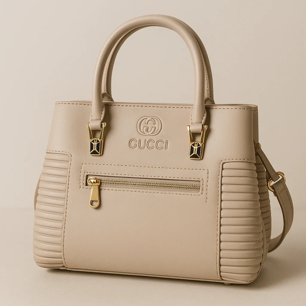 Gucci Beige Textured Leather Handbag with Gold Hardware – Elegant Structured Tote - Razia Hijab