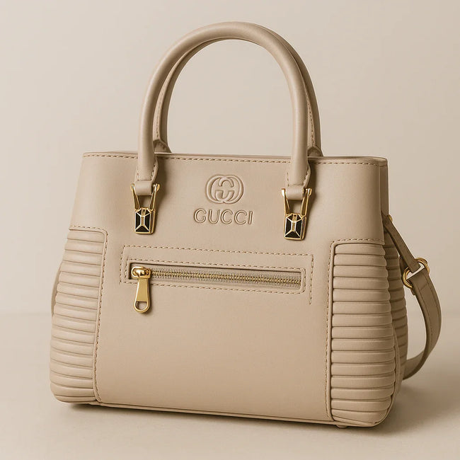 Gucci Beige Textured Leather Handbag with Gold Hardware – Elegant Structured Tote - Razia Hijab Hover Image
