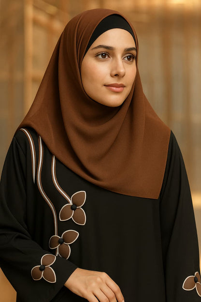 Elegant Brown Floral  Abaya Premium Chiffon with Embroidered Detail
