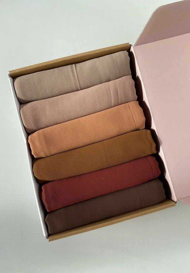 GEORGETTE HIJAB BOX OF 6 IN "SUNSET VIBES" - Razia Hijab Hover Image