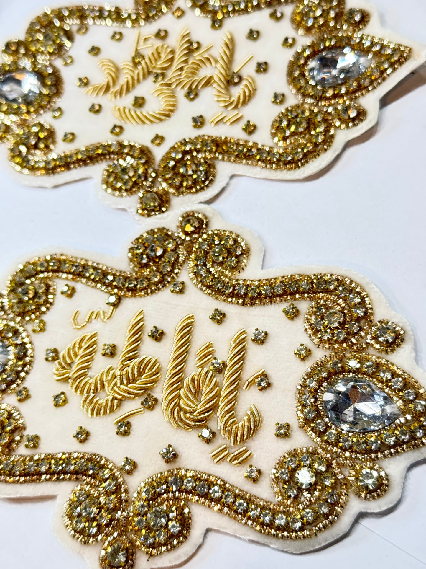 Luxury White Velvet Imam Zamin with Golden Embroidery & Crystal Detailing – “Ya Ali” & “Ya Fatima”