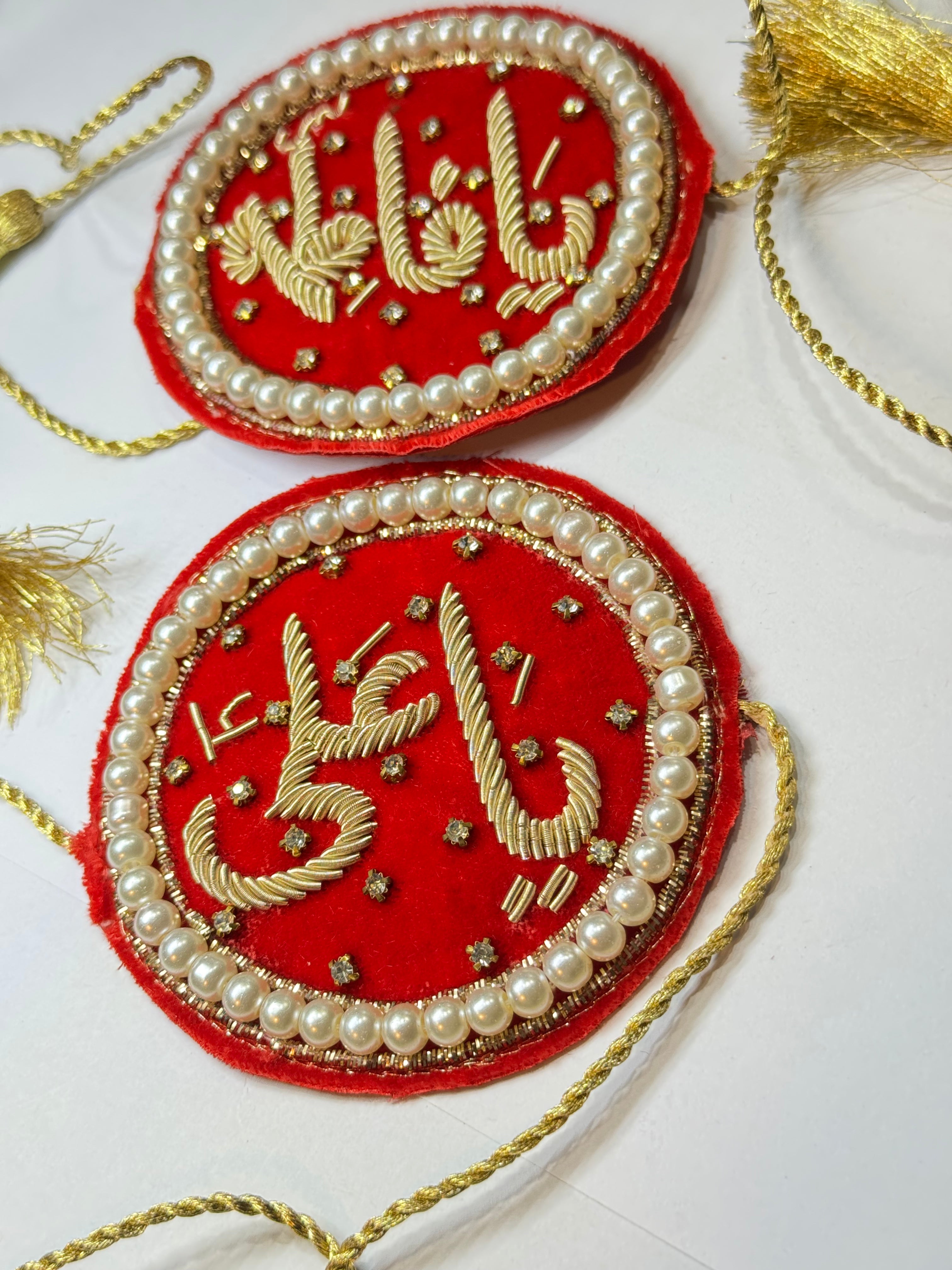 Luxury Handmade Velvet Imam Zamin with Golden Embroidery & Pearl Border – Ya Ali & Ya Fatima - Razia Hijab