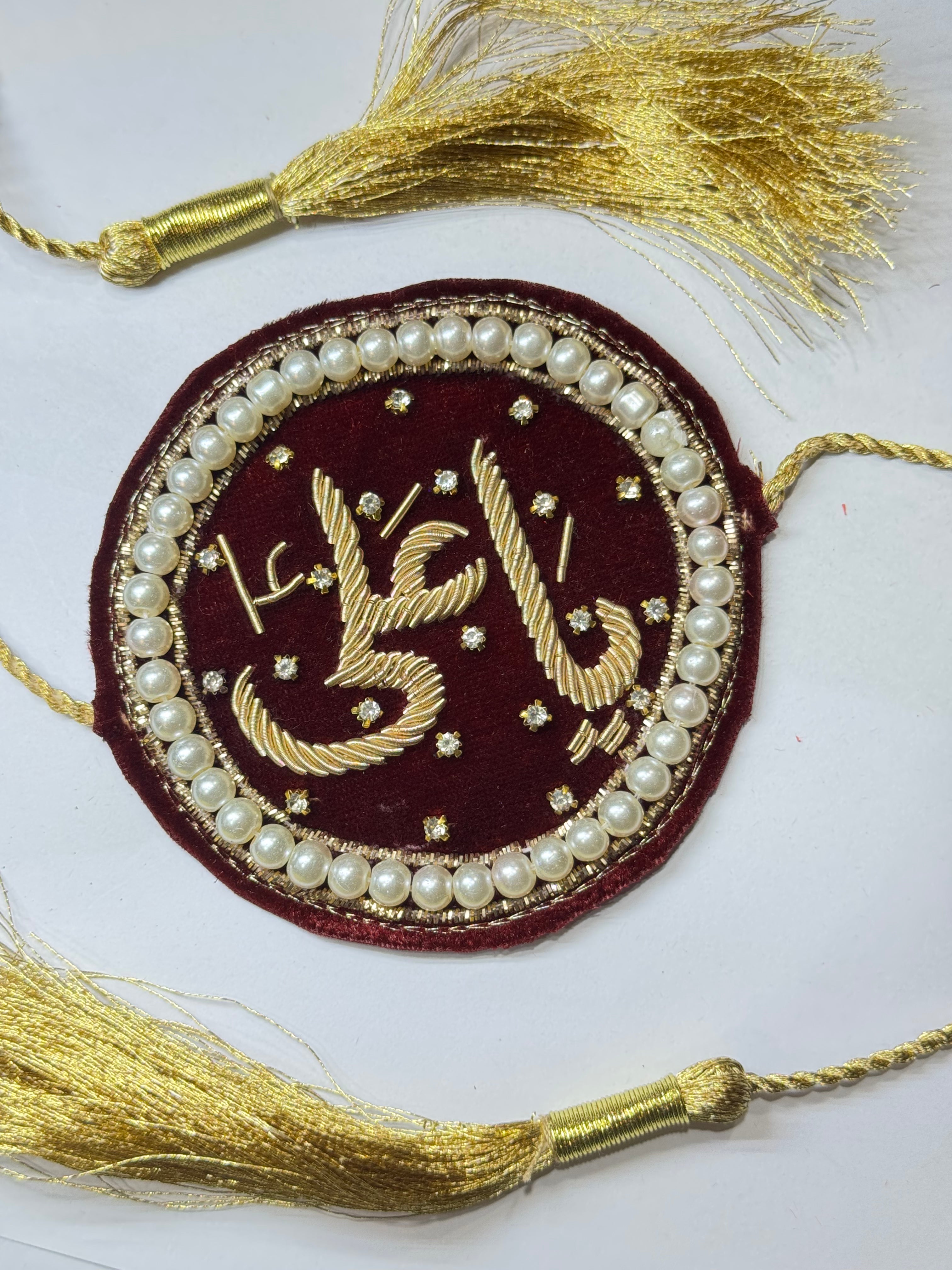 Handmade Maroon Velvet Imam Zamin with Gold Tassels – Pearl & Crystal Embellished for Nikah & Weddings - Razia Hijab