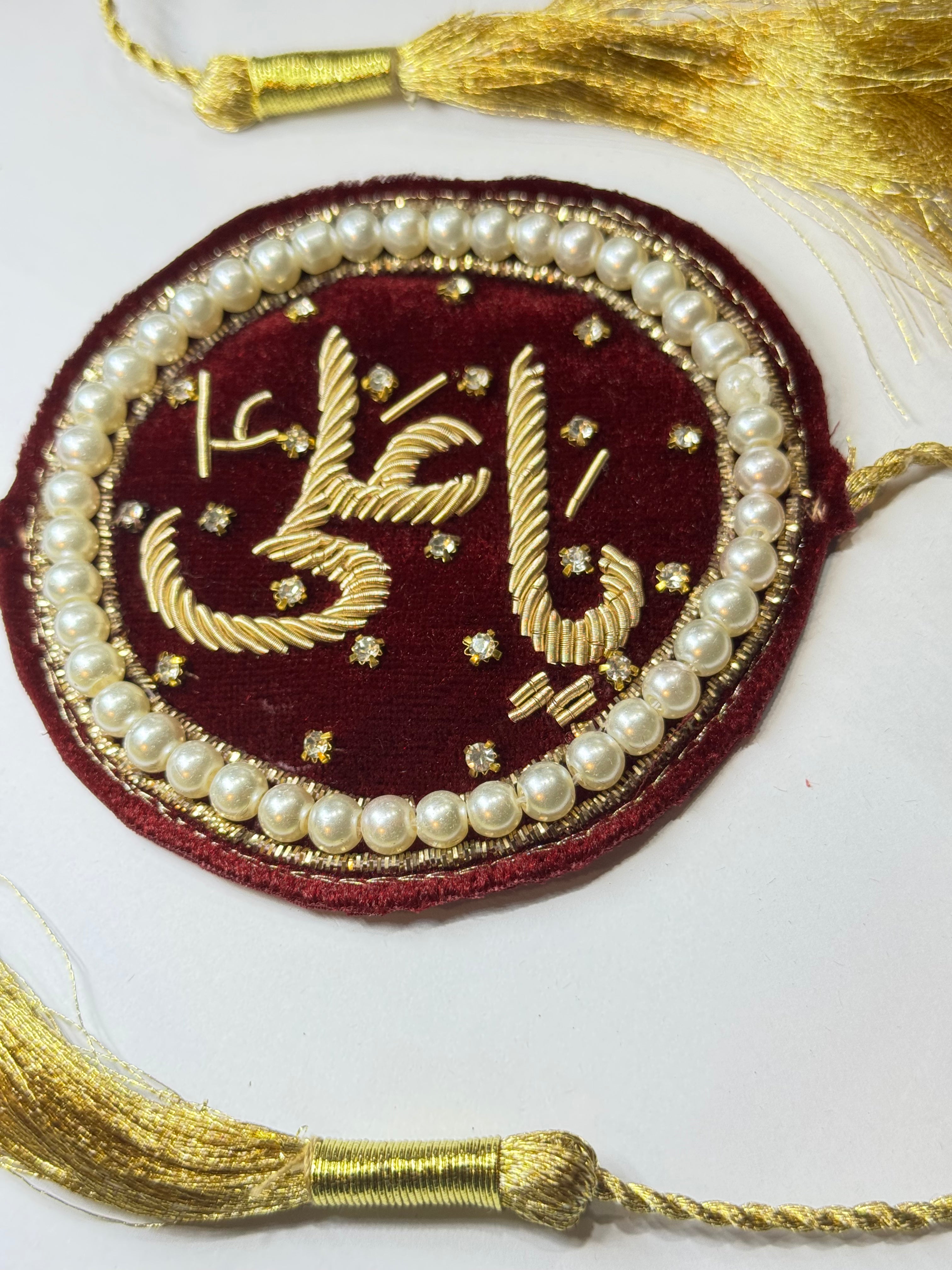 Handmade Maroon Velvet Imam Zamin with Gold Tassels – Pearl & Crystal Embellished for Nikah & Weddings - Razia Hijab