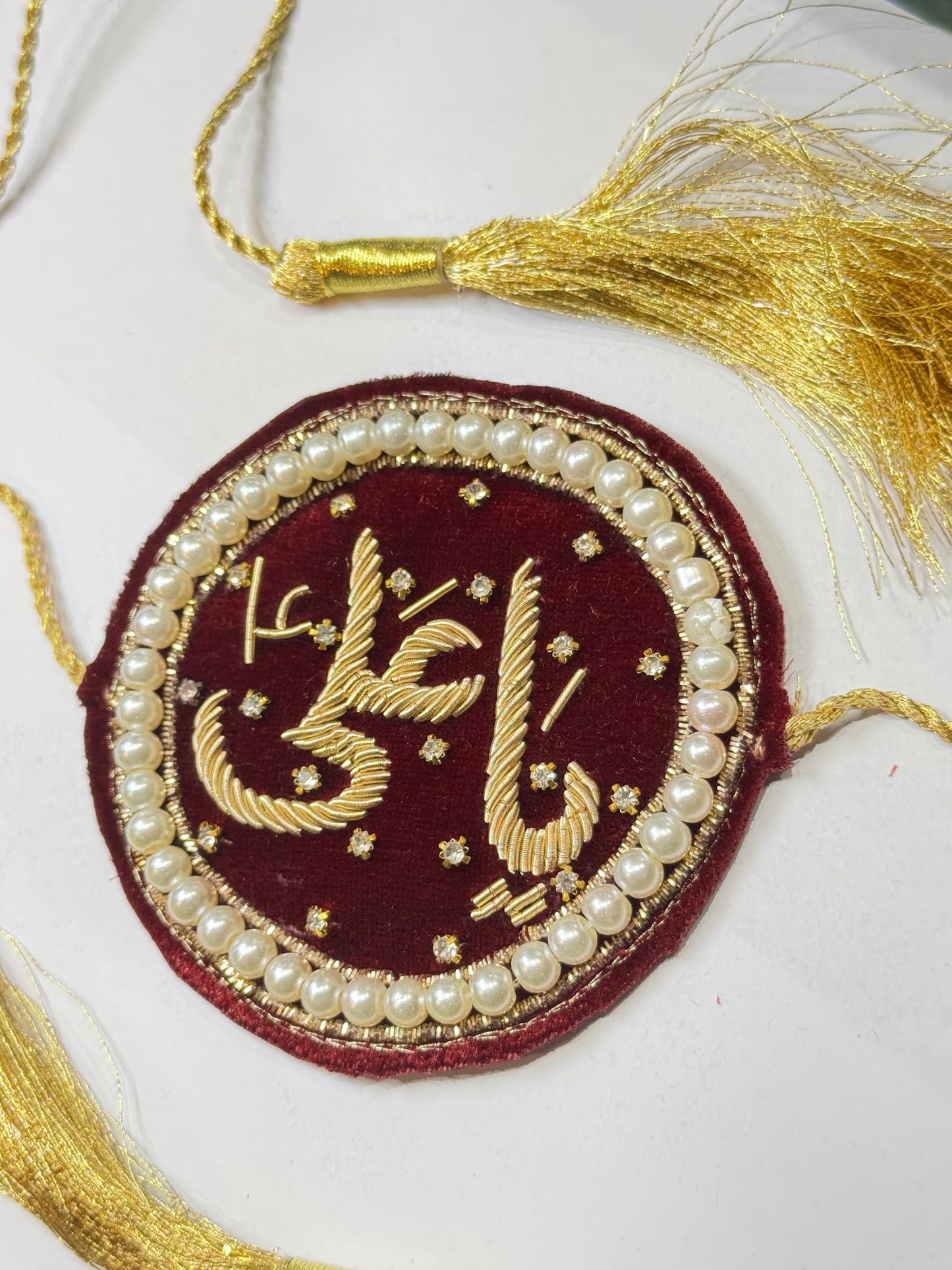 Handmade Maroon Velvet Imam Zamin with Gold Tassels – Pearl & Crystal Embellished for Nikah & Weddings