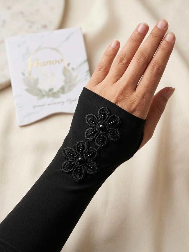 Embellished black floral arm sleeves with beaded detailing Hover Image