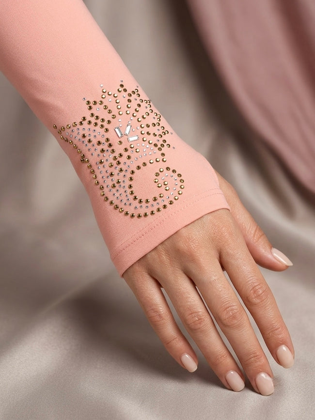 Embellished blush pink arm sleeves with gold and silver rhinestone detailing Hover Image