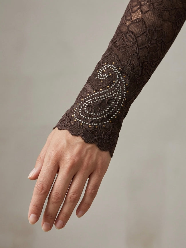 Embellished brown lace arm sleeve with rhinestone detailing Hover Image