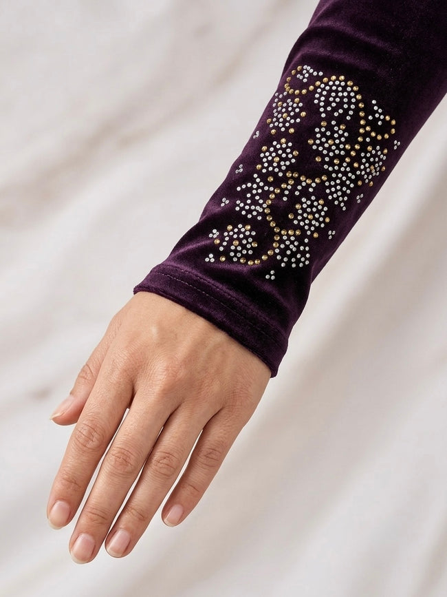 Embellished plum purple arm sleeves with gold and silver rhinestone detailing Hover Image