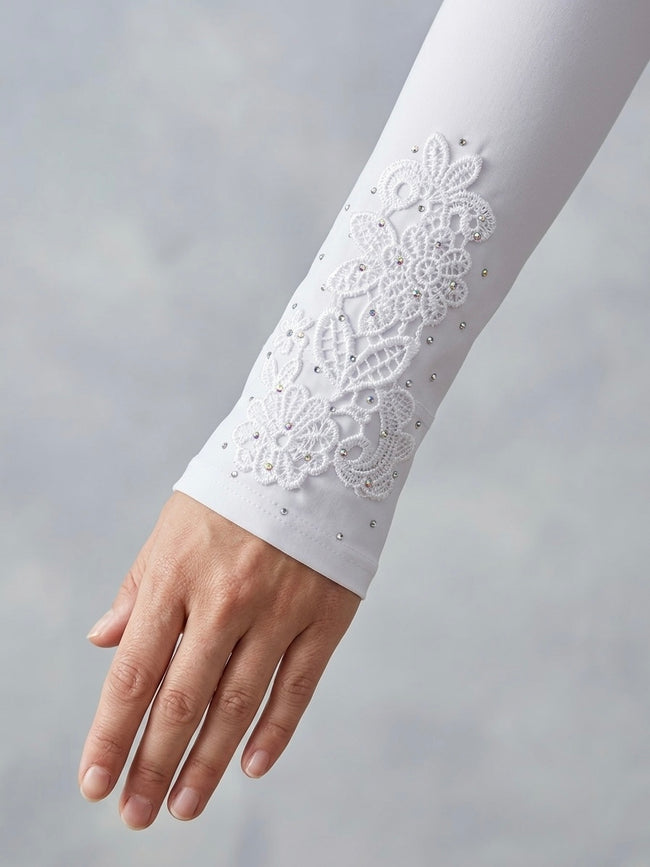 Embellished white arm sleeves with floral lace and rhinestone detailing Hover Image