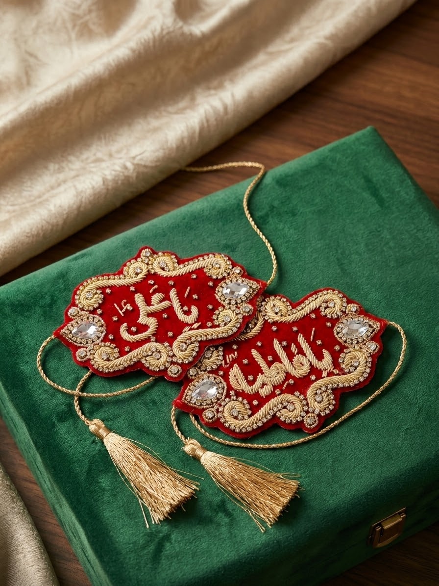 Premium red embroidered Imam Zamin with golden embroidery, stones and tassels for wedding and shadi