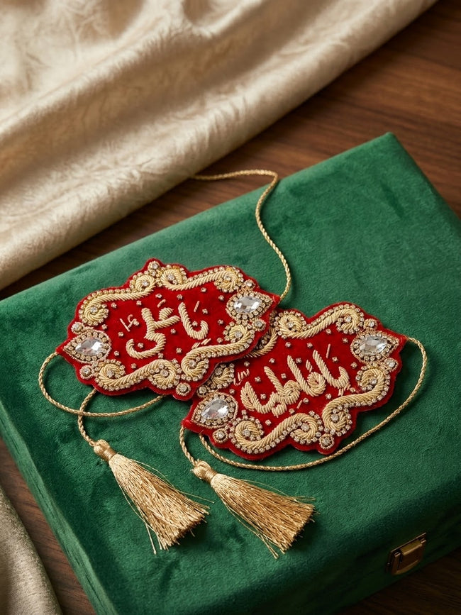 Premium red embroidered Imam Zamin with golden embroidery, stones and tassels for wedding and shadi Hover Image